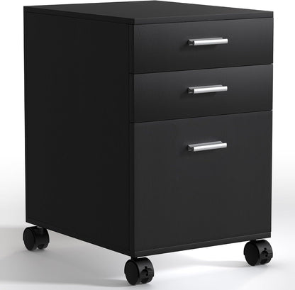 3 Drawer Storage Cabinet,Preassembled Black Wooden Organizer for Files,Under Desk Printer Stand,Mobile on Wheels,19" L x 16" W x 22" H