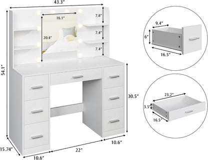 YESHOMY Vanity Desk with Mirror, Outlet, 10 Lights & 7 Drawers,White