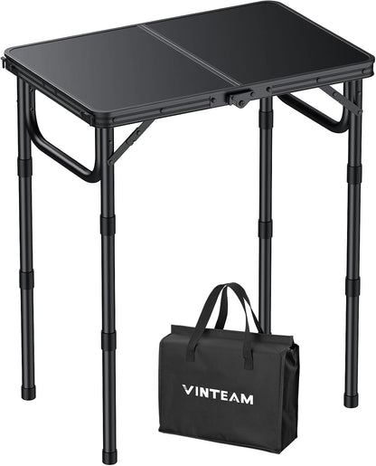 VINTEAM Camping Folding Table with Adjustable Height, Lightweight Portable Outdoor Picnic Table, BBQ Grill Side Table, Durable Aluminum Frame, MDF Desktop for Camping, Fishing, RV, Beach (Black) | Max Load 30kg MDF Surface Easy to Clean, Lightweight