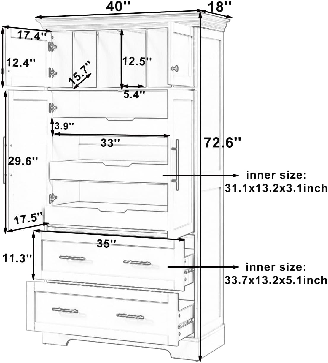 LUMISOL 72" Tall Farmhouse Kitchen Pantry with 4 Doors,Dining Storage Cabinet with Pull-Out Trays, Freestanding Storage Cabinets with Drawers and Cake Pan Storage Organizer, Blue