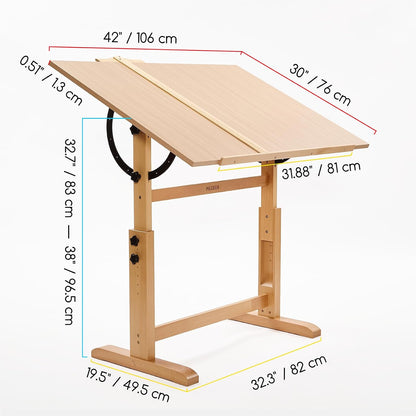 MEEDEN Extra-Large Wood Drafting Table: 42" x 30" Artist Drawing Table Desk - Painting Table with Adjustable Height & Angle - Art Table for Adults with Pencil Ledge for Sketching, Writing, Natural