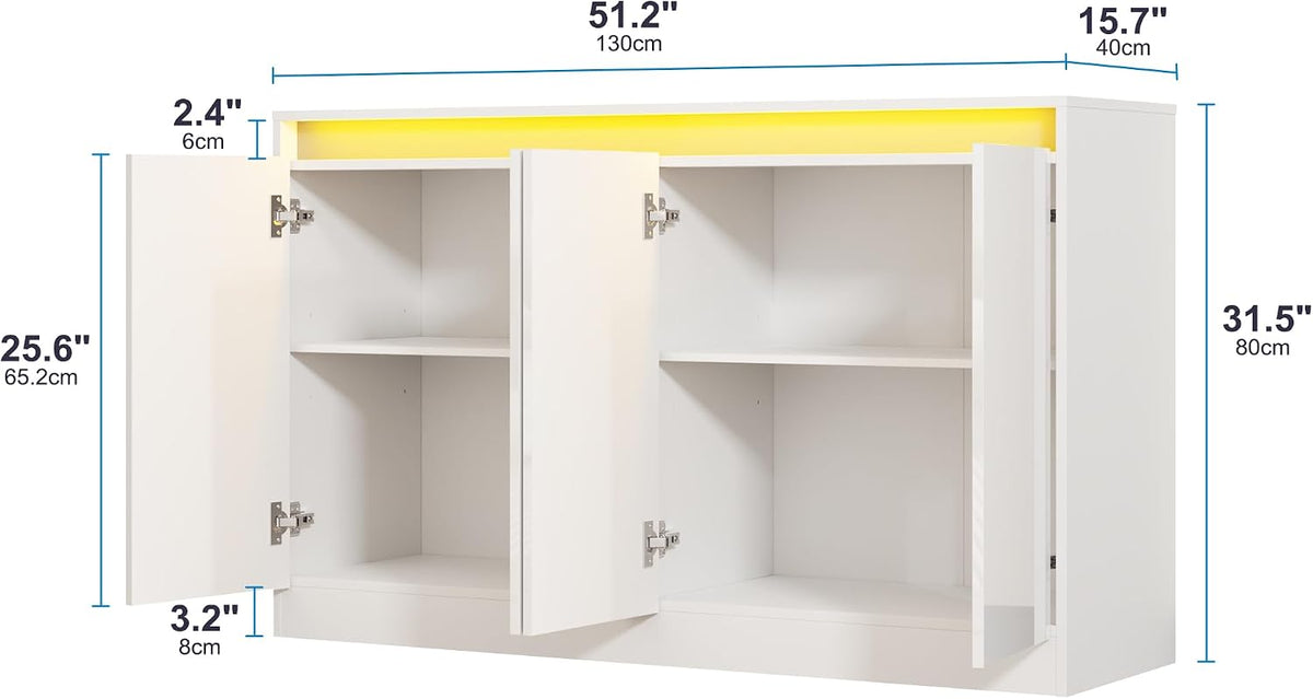 Furnify 51" W Buffet Cabinet with 4 Doors, High Gloss Dorr Sideboard Coffee Bar with LED Lights & Charging Station, Handless Modern Sideboard Storage Cabinet for Living Room, Entryway, White