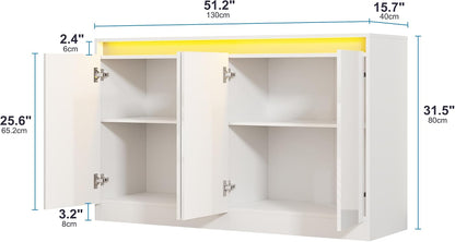 Furnify 51" W Buffet Cabinet with 4 Doors, High Gloss Dorr Sideboard Coffee Bar with LED Lights & Charging Station, Handless Modern Sideboard Storage Cabinet for Living Room, Entryway, White