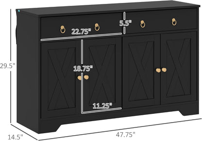 HOMCOM 48" Sideboard Buffet with Storage, Kitchen Storage Cabinet with 2 Drawers and 4 Barn Doors, Farmhouse Coffee Bar Cabinet with Adjustable Shelves, Black