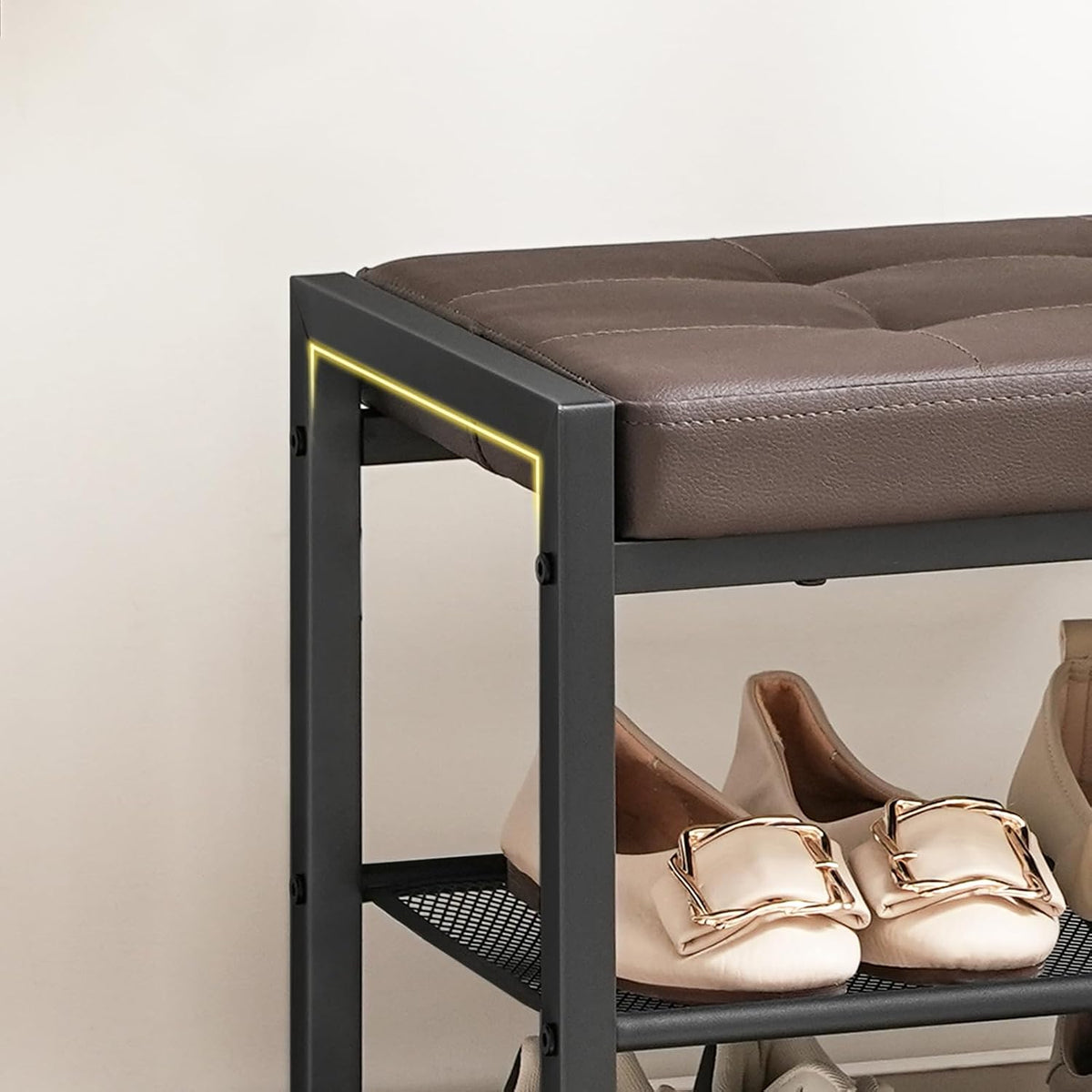 HOOBRO Small Shoe Bench, 3-Tier Shoe Rack, Shoe Storage Bench with PU Seat Cushion, Entryway Shoe Rack Bench with Metal Mesh Shelves, Freestanding Shoe Organizer for Hallway, Brown CB33HX01
