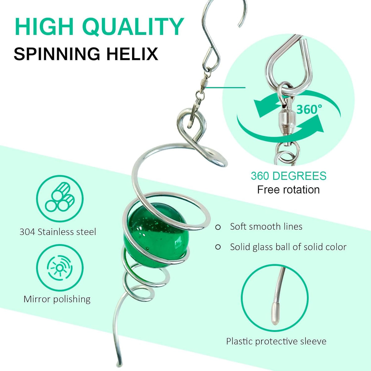 Wind Spinner Tail with Green Glass Orb,Gazing Ball Spiral Tail,Wind Spinners Stabilizer,Visual Illusion in Spinning Hanging Rotating Art Decor,Indoor Outdoor Garden Decoration-13in