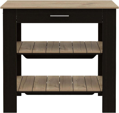 Kitchen Island with Two Shelves, One Drawer, Four Legs, Towel Hanger, Black | Combines two open shelves, one drawer, and towel hanger for storage
