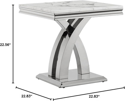 1 Piece Living Room End Table Luxury Faux Marble Sofa Side Table, Modern White Silver End Table with X-Shape Stainless Steel Pedestal Base