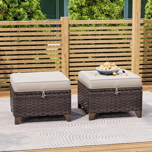 2 Pieces Patio All-Weather Wicker Ottomans with Cushions, PE Rattan Outdoor Conversation Furniture Set for Backyard, Deck, Lawn (Beige)