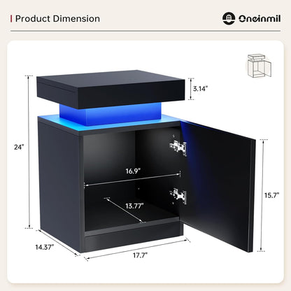 oneinmil LED Nightstands Set of 2, Night Stand with Storage Cabinet for Bedroom, Bedside Table with LED Lights, Modern End Side Table, Black
