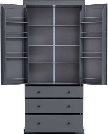 Farmhouse Tall Kitchen Pantry Cabinet with Adjustable Shelves, Freestanding Wood Cupboard with 8 Door Shelves and 3 Drawers for Kitchen, Dining Room (Gray)
