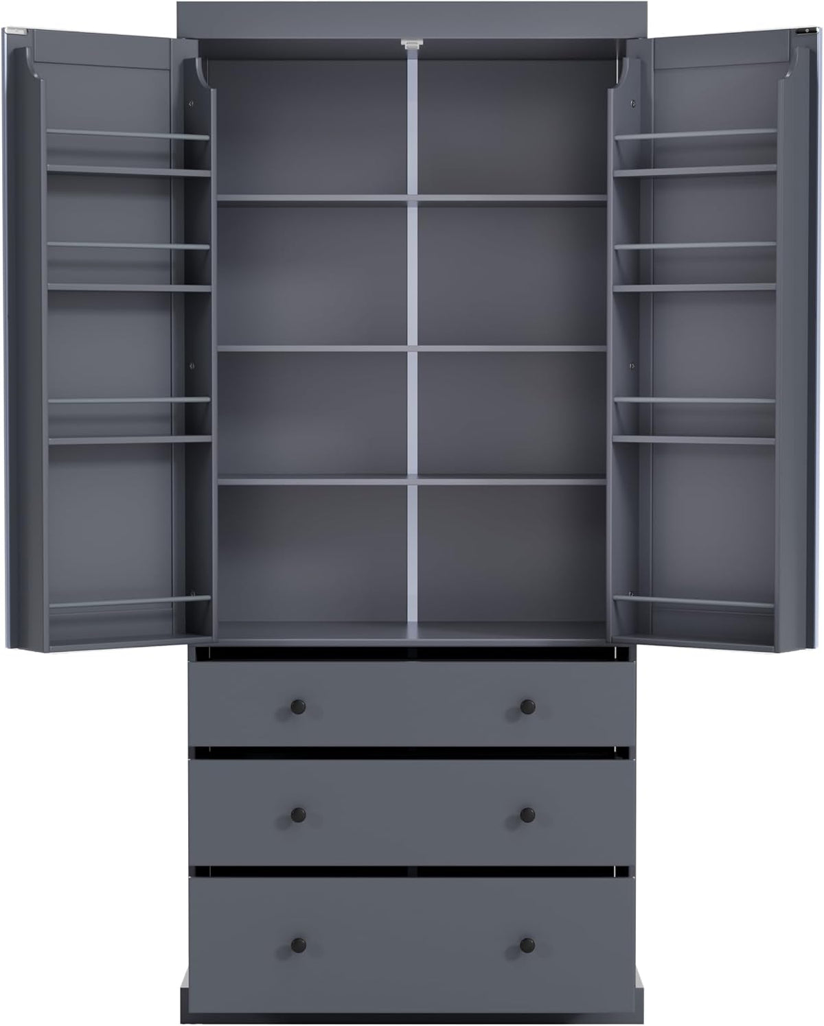 77inch Farmhouse Kitchen Pantry, Freestanding Tall Cupboard Storage Cabinet with 3 Adjustable Shelves, 8 Door Shelves, 3 Drawers for Kitchen, Dining Room, Gray