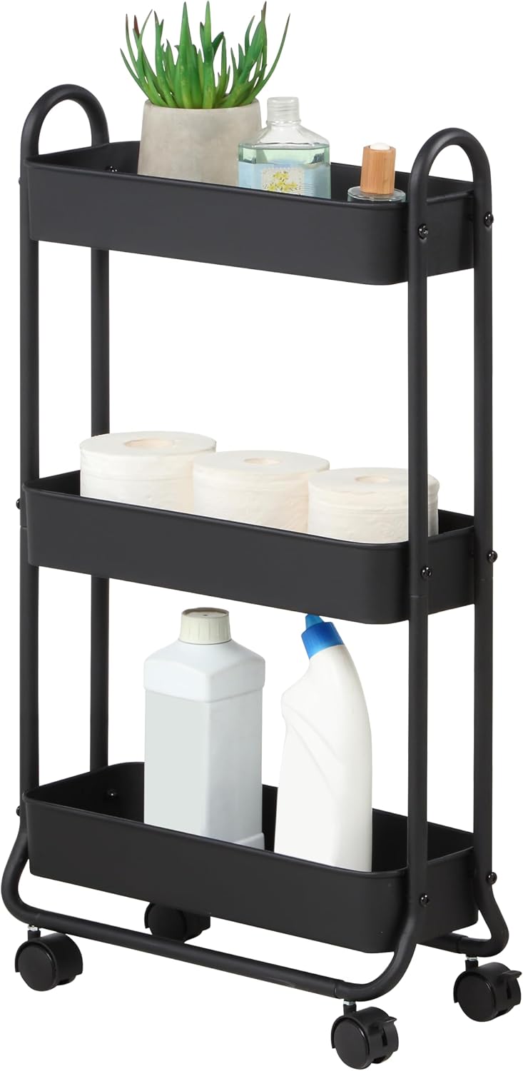 SunnyPoint Slim Rolling Storage Cart, 3 Tier Bathroom Storage Organizer Bathroom, Laundry Utility Cart (Black)