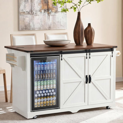 Merax 72" L White Rolling Kitchen Island with Fridge Storage Space | Coffee Bar Cabinet Kitchen Table on Wheels with Drop Leaf, 4 Drawers, Sliding Barn Door and Glass Holder