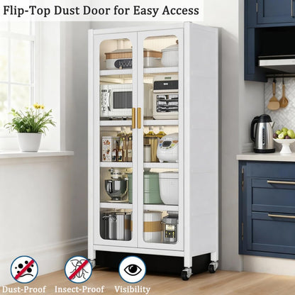 65" Kitchen Pantry Storage Cabinet - Metal 6-Tier Cabinet Transparent Doors with Wheels & Adjustable Shelves for Living Dining Room (White)