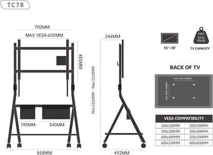 FITUEYES Mobile TV Stand for 55-78 Inch TVs with Wooden Storage Shelf, White