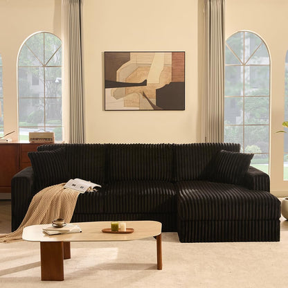GOSUHI 113" L-Shaped Cloud Couch, Modular Sectional, Deep Seats, Black | Pocket Spring Cushions, Oversized 3-Seater, Right Facing Chaise, Corduroy Upholstery Couches for Living Room