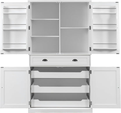Polibi Freestanding Pantry Cabinet with 4 Doors & 1 Drawer, 3 Adjustable Shelves & Pull-Out Trays, Shaker Style Kitchen Storage for Dining Room, Living Room, Entryway (White)