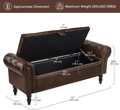 Furniliving 51” End of Bed Storage Bench, Bedroom Bench with Button-Tufted, Upholstered Storage Ottoman Benches Window Bench with Storage, Leather Bench for Living Room, Entryway, PU, BlackBrown