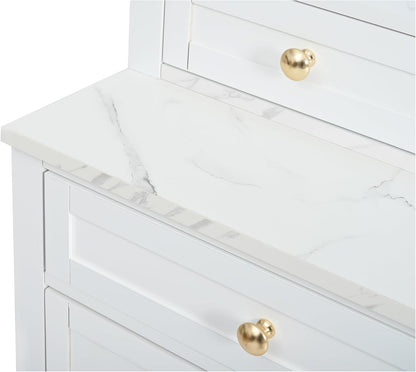 Mirightone 83.7Inch Tall Kitchen Pantry Cabinet, Corner Cabinet with 5 Storage Drawers and Adjustable Shelf, Freestanding Kitchen Pantry with Faux Marble Top. White