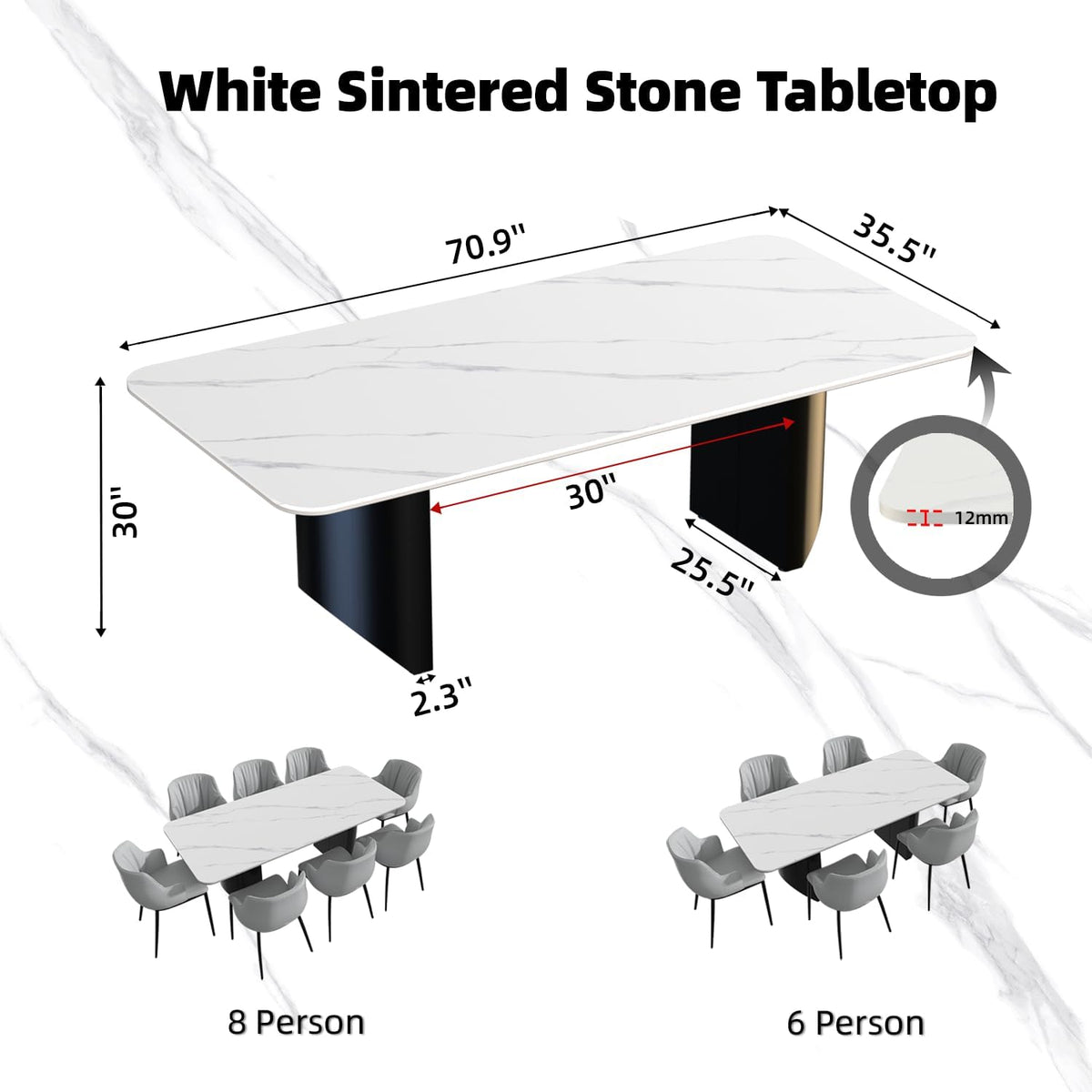 Modern White Dining Table for 6 to 8 People, 70.9" High Hardness Sintered Stone Table for Dining Room and Easy Maintenance - Half-Round Stainless Steel Base(Table Only)