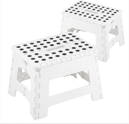 JS Gourmet Folding Step Stool - Set of 2, Sturdy Plastic Stool 9-inch | Lightweight Non Slip, Holds Up to 300 lbs, Collapsible Stool for Kitchen, Bathroom, Garden, & Camping Use - White