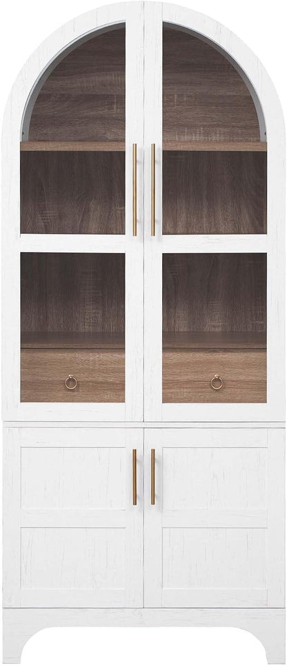 71" Tall Arched Cabinet with Glass Doors, Farmhouse Kitchen Storage Cabinet with Hidden Drawer and Adjustable Shelves, Hutch Cabinets for Dining Room, Bathroom (White)