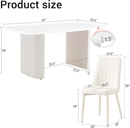 TesNus White Dining Table Set for 6, 67" Modern Marble Dining Table Set for Family Dining Room, Cream White Oval Table Set with Beveled 3.5" Top & Roman Column Pedestal Base, Easy 4-Screw Assembly