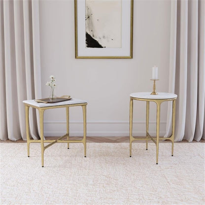 MAKLAINE Round Contemporary Marble Top Side Table in White and Gold