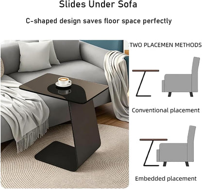25.5-Inch High C-Shaped End Table with Tempered Glass Top & Black Metal Frame, Modern Space-Saving Sofa Side Table for Living Room, Bedroom, Small Spaces (B)