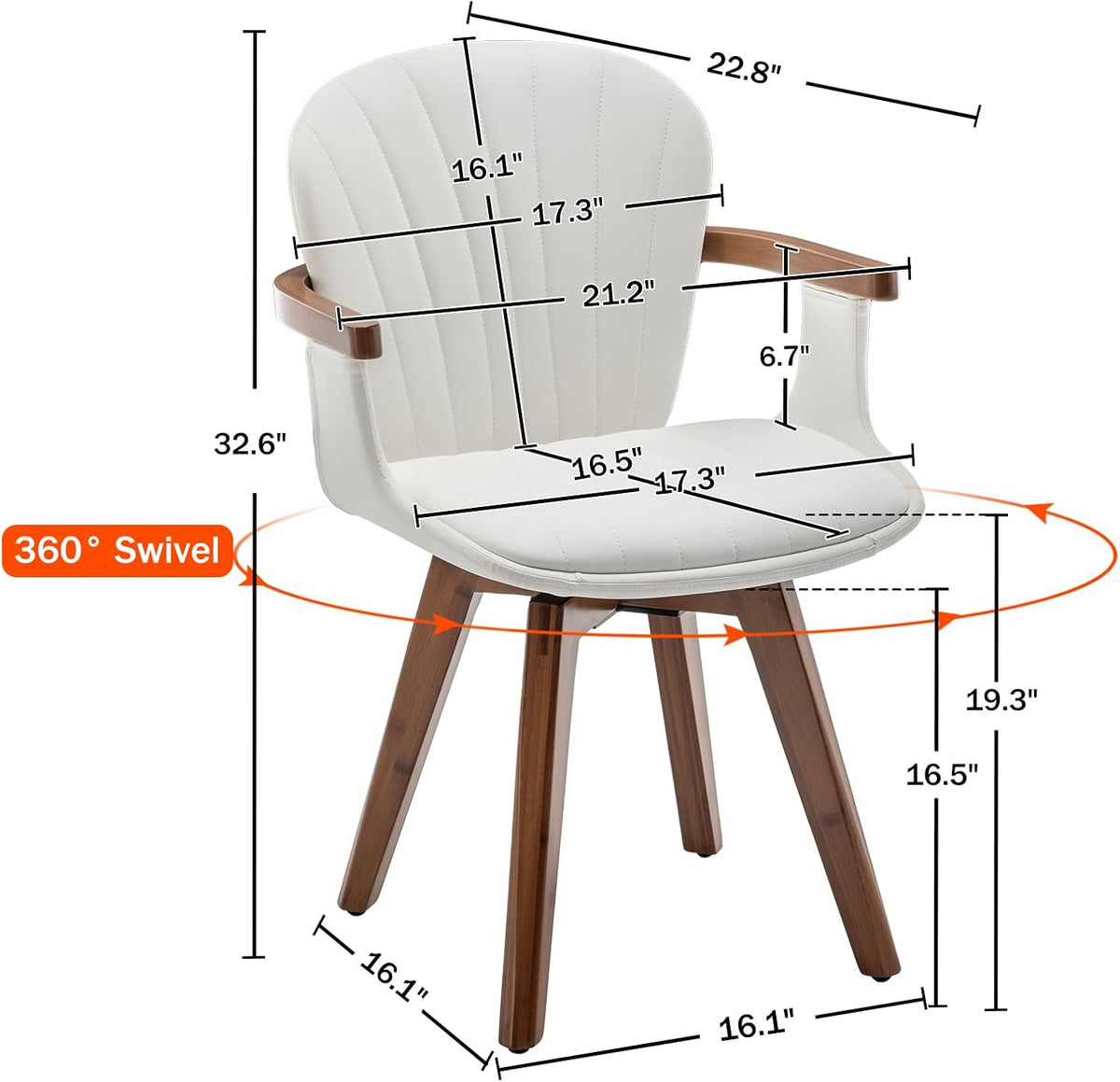LUNLING Swivel Dining Chairs, Mid Century Modern White Faux Leather Kitchen Chairs with Arms,Bamboo Legs Side Chairs No Wheels,Accent Chair for Dining Rooms and Offices,1PCS