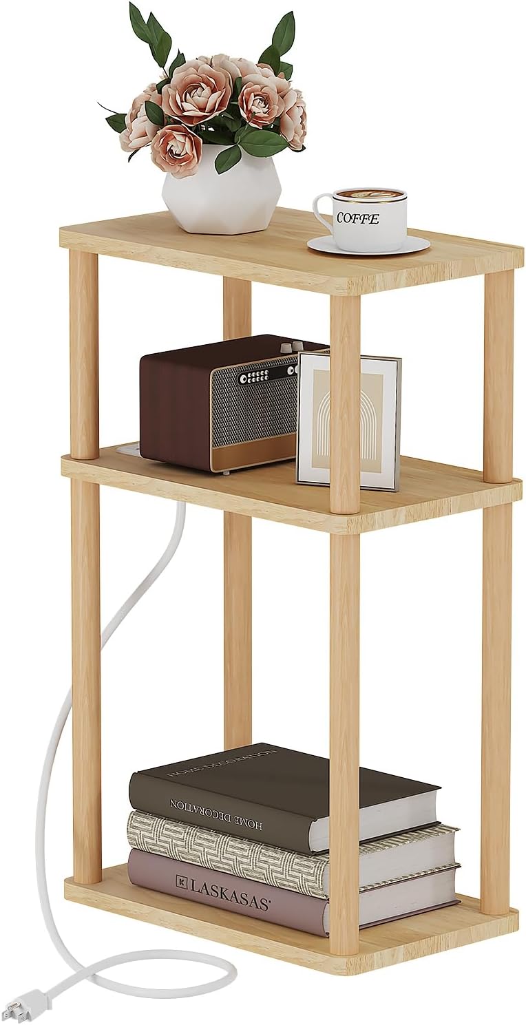 LUCKNOCK Solid Wood Side Table with Charging Station, 3-Tier Small End Table with USB Ports and Outlets, Narrow Couch Side Table, Skinny Nightstand Bedside Table for Small Spaces, Bedroom, Living Room