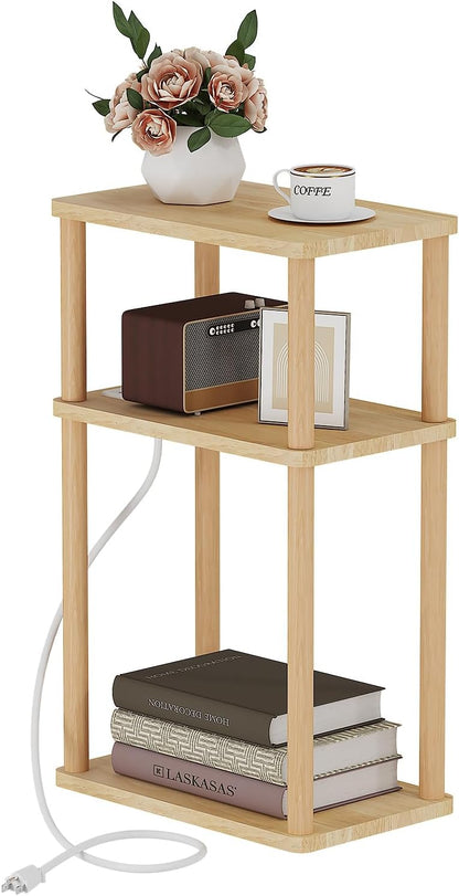 LUCKNOCK Solid Wood Side Table with Charging Station, 3-Tier Small End Table with USB Ports and Outlets, Narrow Couch Side Table, Skinny Nightstand Bedside Table for Small Spaces, Bedroom, Living Room