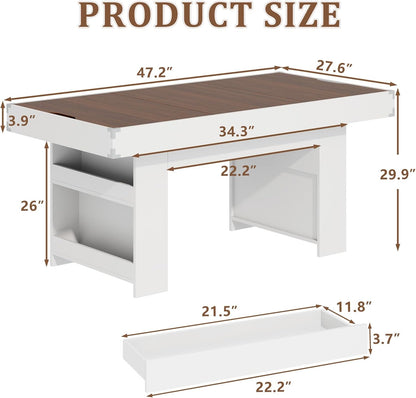47″ Dining Table with Storage Shelf & Drawers,Multi-Functional Dining Game Table for 4–6-Removable Top, Space-Saving Convertible Design w/Hidden Storage, for Poker Card Games Family Meals