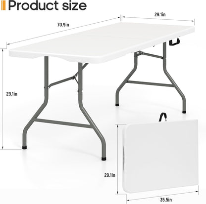 6ft Folding Table Heavy Duty 350 LBS Capacity Foldable Table with 18% Thicker HDPE Waterproof Top & Reinforced Steel Frame, Portable Fold-in-Half Table for Outdoor Indoor Party Wedding Camping