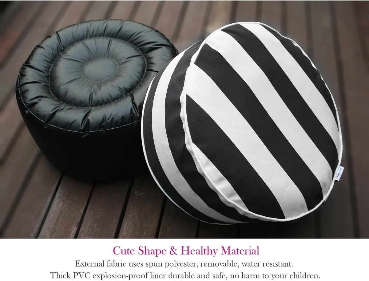Outdoor Inflatable Ottomans with Insert Round 21x9 Inch Black Striped Pattern Patio Foot Stools and Ottomans Portable Footrest
