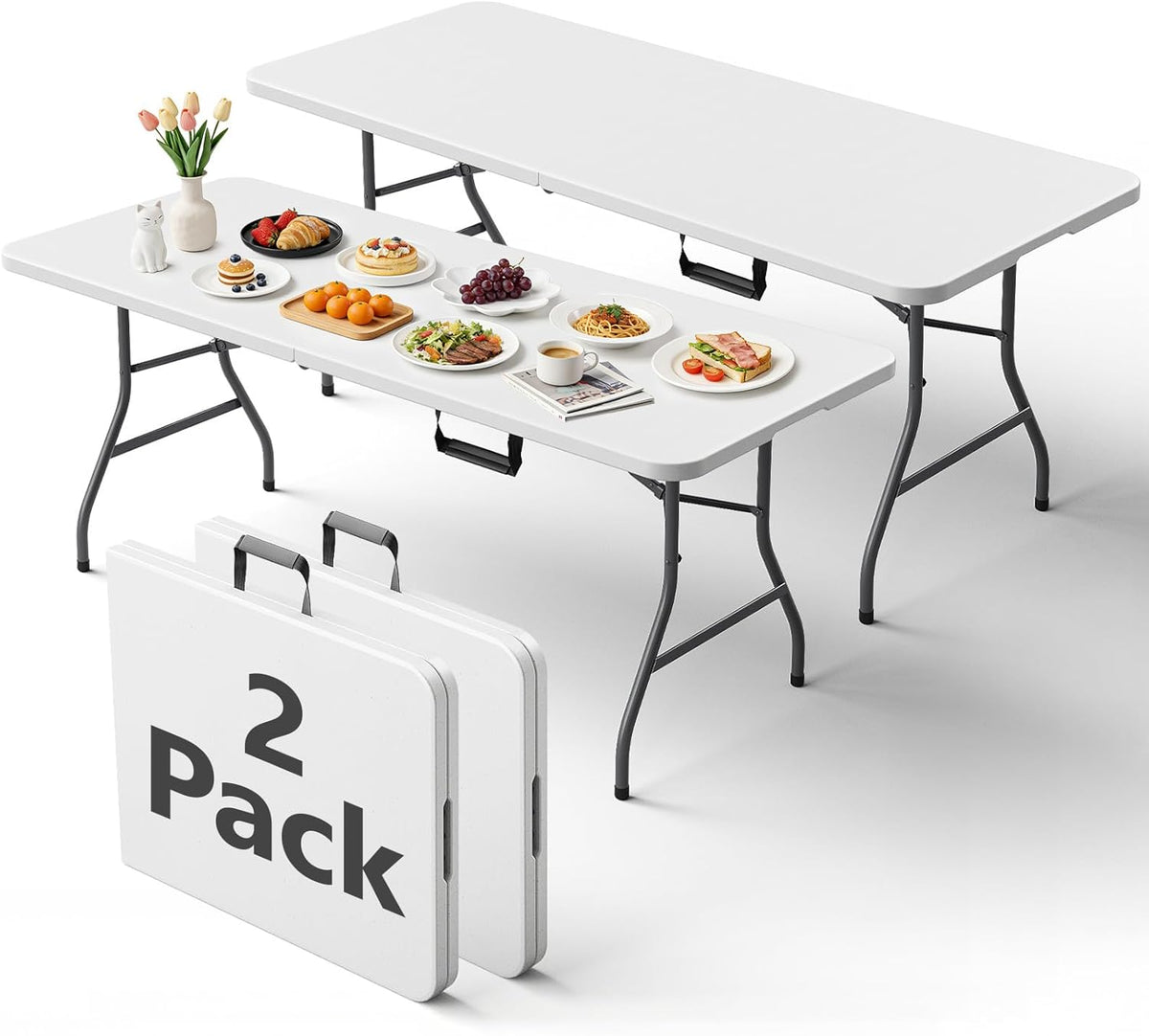 Folding Table 2 Pack, 6FT Folding Table Portable with Built-in Handle, Heavy Duty Plastic Table with Steel Legs Supports to 300lbs, Suitable for Party, Camping, Events Indoor&Outdoor Use, White