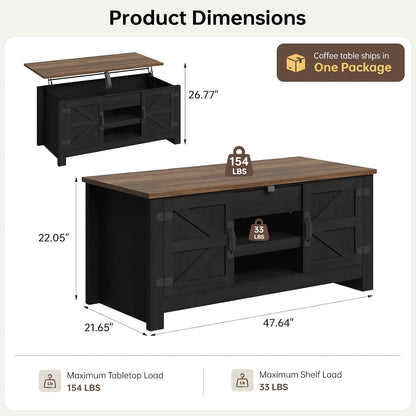 Farmhouse Living Room Table Sets of 2, 70 inch, Black | Includes 70 inch TV Stand, Lift Top Coffee Table with Charging Station, Modern Living Room Table Set