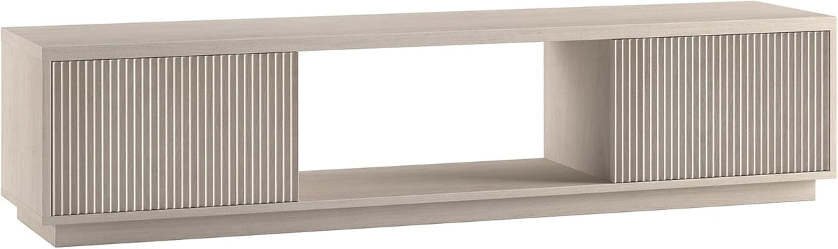 Henn&Hart 70" TV Stand for TVs up to 78", Beech White | Modern TV stand with ribbed cabinet doors and open center shelf for media or decor, perfect for living room or office