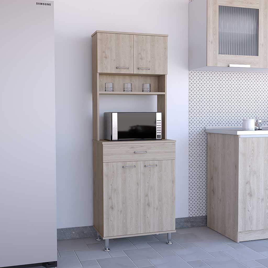 Della 60 Kitchen Pantry with Countertop, Closed & Open Storage -Light Gray