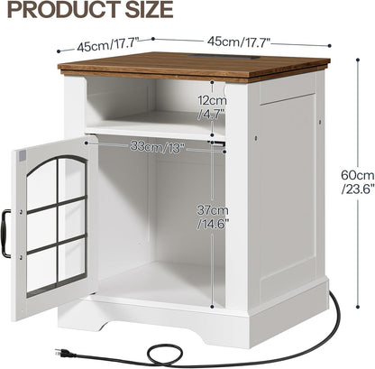 HOOBRO Farmhouse End Table for Living Room, 17.7" Wide Nightstand with Charging Station, Wooden Sofa Side Table with Tempered Glass Barn Door and Open Shelf, White and Walnut WH405UBZ01