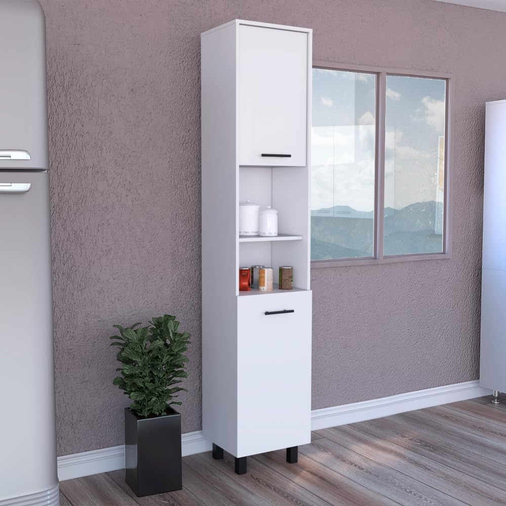 Kitchen Pantry 79" H, Two Open Storage Shelves, Three Internal Shelves, Two Doors, Four Legs, White