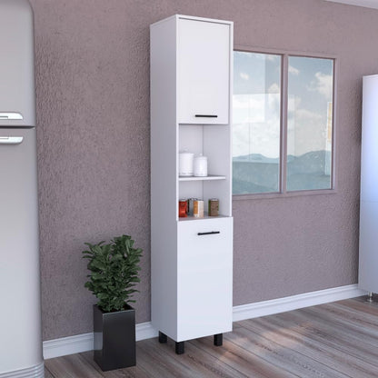 Kitchen Pantry 79" H, Two Open Storage Shelves, Three Internal Shelves, Two Doors, Four Legs, White