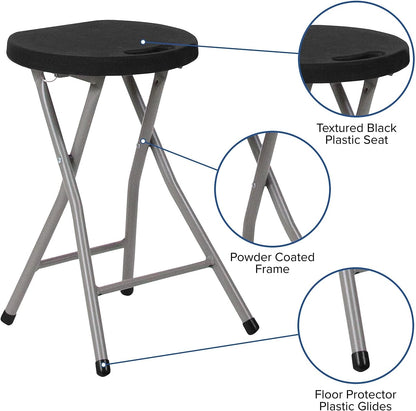 Flash Furniture Micah Foldable Stool with Black Plastic Seat and Titanium Gray Frame | Lightweight, Compact, Easy Storage, Indoor Use