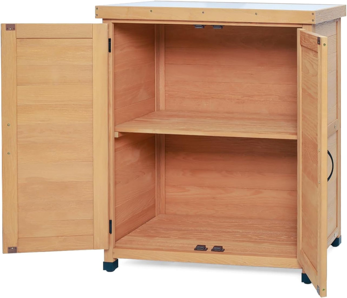 31" Sturdy Living Room Cabinet, Practical Cabinets with Weatherproof Wood, Storage Locker with Magnetic Door for Outdoor Patio, Light Brown