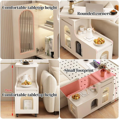 Swivel Trays Side Table with Storage, Mobile End Table on Lockable Wheels, Space-Saving Nightstand Coffee Table for Living Room, Bedroom(White,35.4x15.7x29.5in)