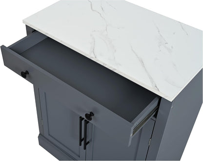 Modern Freestanding Kitchen Pantry & Buffet Food Storage Cabinet with Drawer, 2 Adjustable Shelves, 2 Door Shelves, Faux Marble Countertop - Ideal for Dining, Kitchen, and Coffee Bar (Gray)