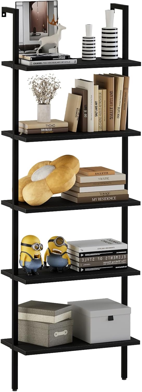 aboxoo Ladder Shelf Open 5-Tier Bookshelf Wall-Mounted Black Wood Bookcase Storage Rack Open Industrial Modern Plant Stand Utility Organizer Bookcase Metal Frame Furniture Office Bedroom