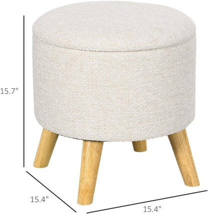 Storage Ottoman, Round Stool Chair with Cushioned Top, Cream White