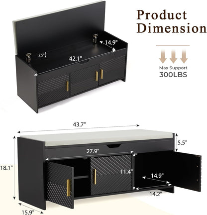 ECOTOUGE Shoe Bench, Storage Bench with Lift Top Storage, Entryway Bench with Cushioned Seat, Adjustable Shelf for Living Room, Bedroom, Hallway, Black